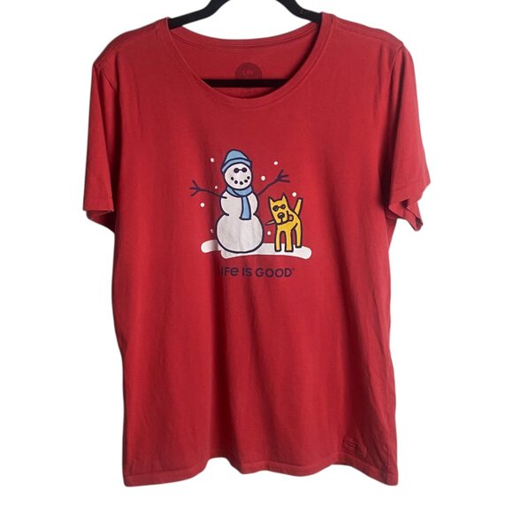 Life is Good Women's Size L Crusher Tee Shirt Classic Fit Red Snowman Dog Winter - Picture 1 of 7